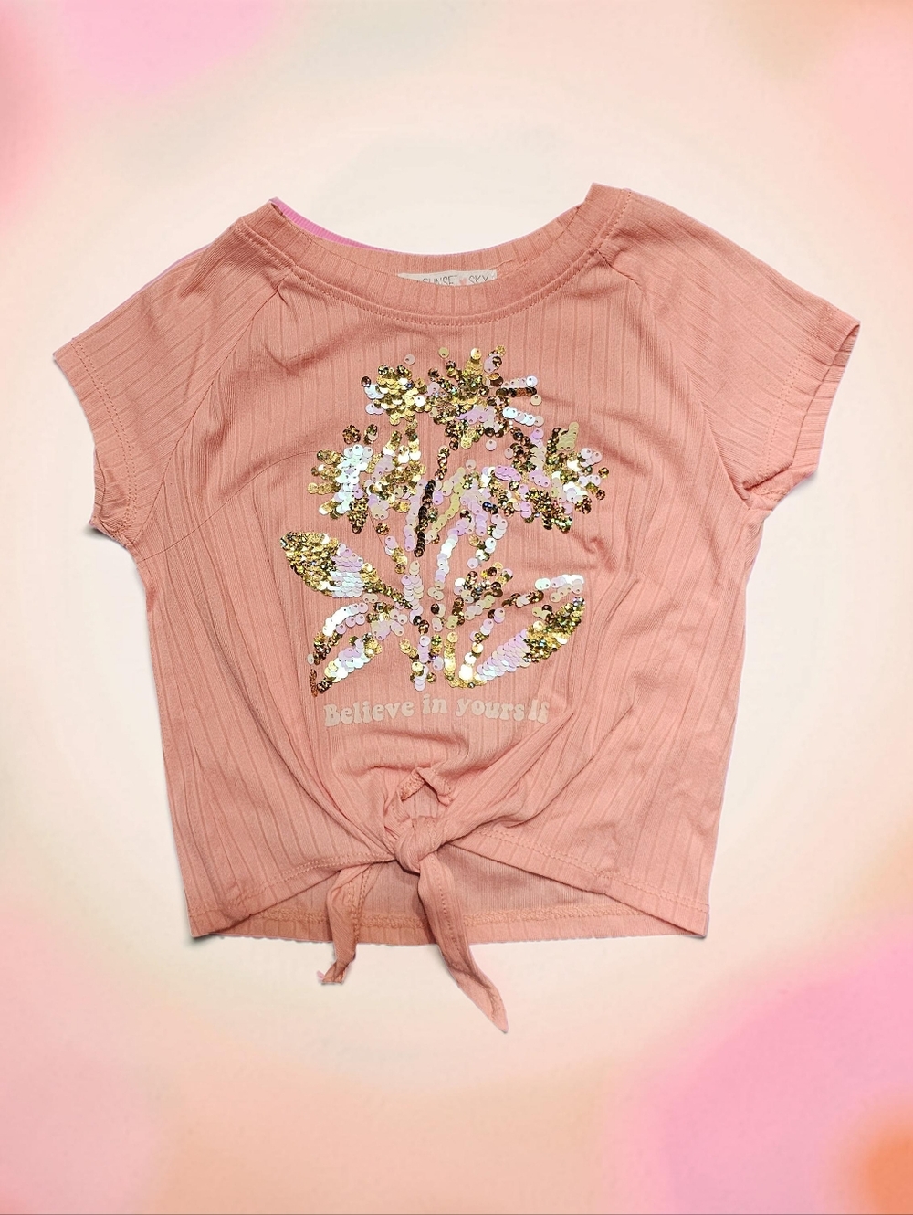 SUNSET SKY Sequin Floral Tie-Front Tee - Dusty Pink. Size 5.
